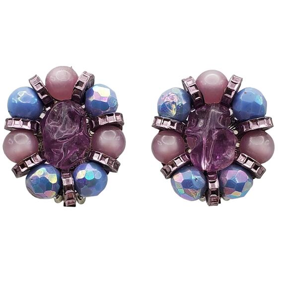1960s Hobe Cluster Clip On Earrings Blue Pink Bead Statement Vintage MCM Pin Up - Picture 1 of 9